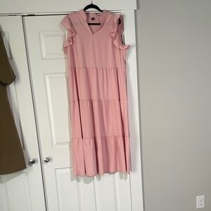 SHEIN Pink Ruffle Sleeve Tiered Maxi Dress